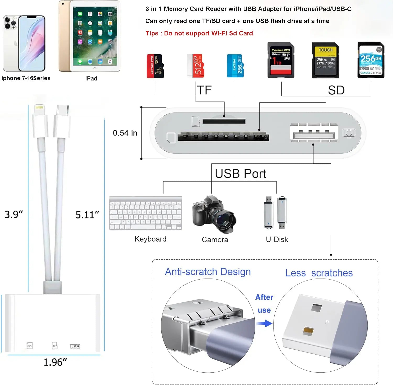 5-in-1 SD Card Reader for iPhone,iPad,USB-C Devices, Lightning/USB-C Dual Port Adapter, Supports SD/MicroSD & USB 3.0, Fast Transfer, Plug & Play, No App Needed
