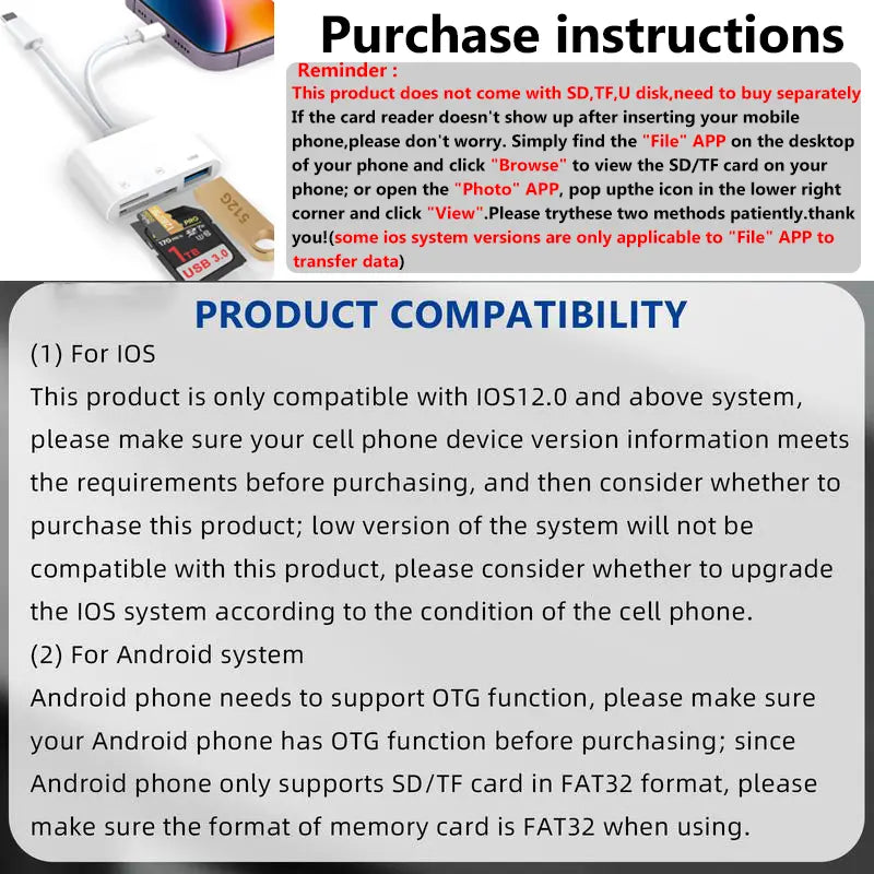 5-in-1 SD Card Reader for iPhone,iPad,USB-C Devices, Lightning/USB-C Dual Port Adapter, Supports SD/MicroSD & USB 3.0, Fast Transfer, Plug & Play, No App Needed