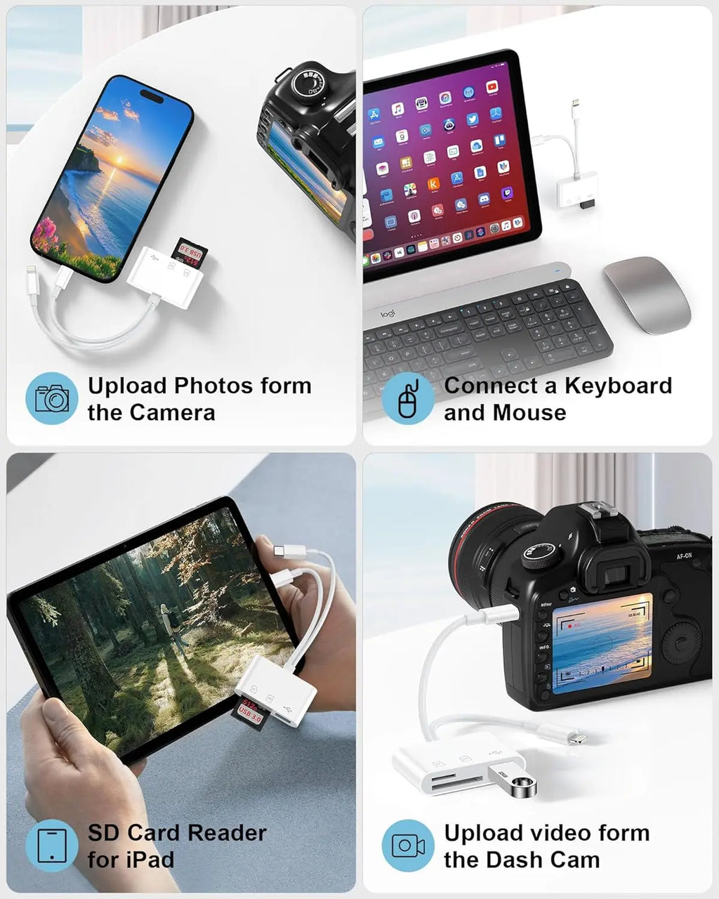 5-in-1 SD Card Reader for iPhone,iPad,USB-C Devices, Lightning/USB-C Dual Port Adapter, Supports SD/MicroSD & USB 3.0, Fast Transfer, Plug & Play, No App Needed