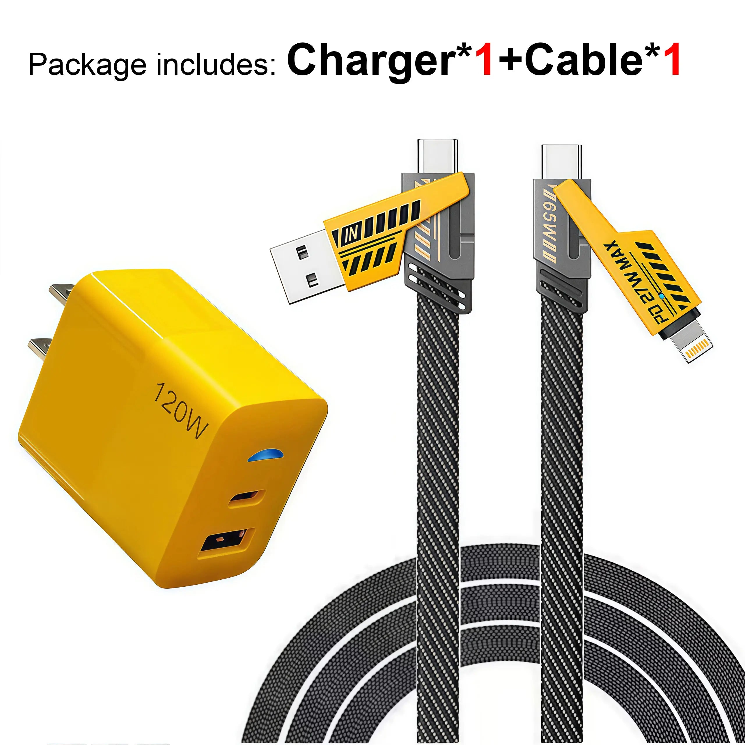 1-Pack Portable Fast Charger, Type C/USB A Dual Ports Adapter,4 in 1 Fast Charging Cable & Data Sync, 5FT Flat Braided Charger Cord for iPhone 17/16/15/14/13/12Pro Max/iPad/Airpods/Samsung Series Phone Accessories