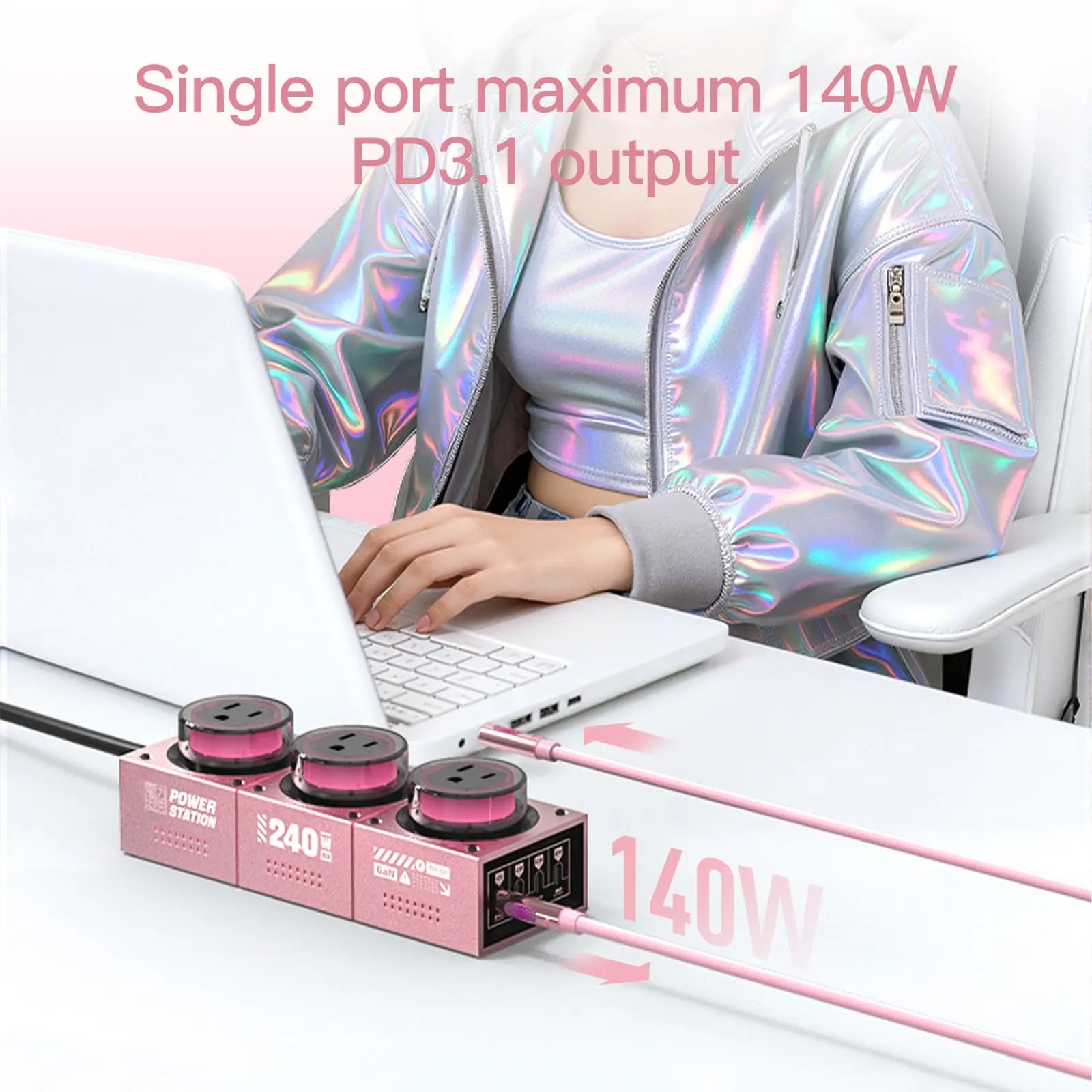 mfish E-Tank Pink 7-in-1 GaN Charging Station, 240W USB-C + 1250W AC Power Hub with 4 USB-C, 3 AC Outlets & RGB Light