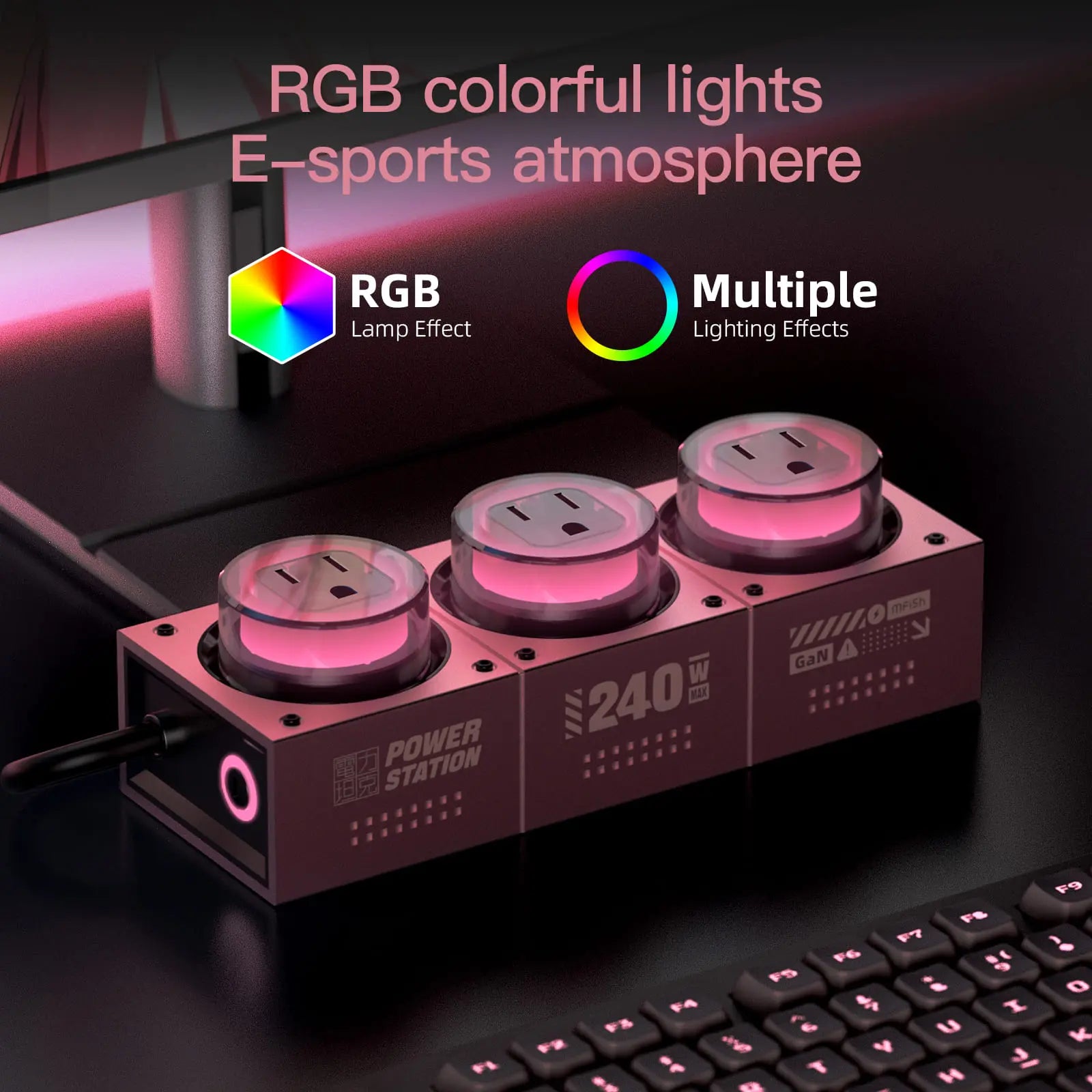 mfish E-Tank Pink 7-in-1 GaN Charging Station, 240W USB-C + 1250W AC Power Hub with 4 USB-C, 3 AC Outlets & RGB Light