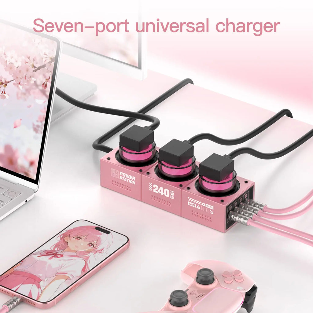 mfish E-Tank Pink 7-in-1 GaN Charging Station, 240W USB-C + 1250W AC Power Hub with 4 USB-C, 3 AC Outlets & RGB Light