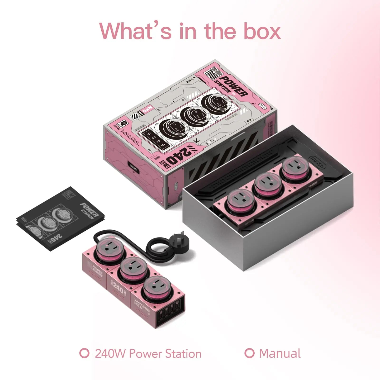mfish E-Tank Pink 7-in-1 GaN Charging Station, 240W USB-C + 1250W AC Power Hub with 4 USB-C, 3 AC Outlets & RGB Light
