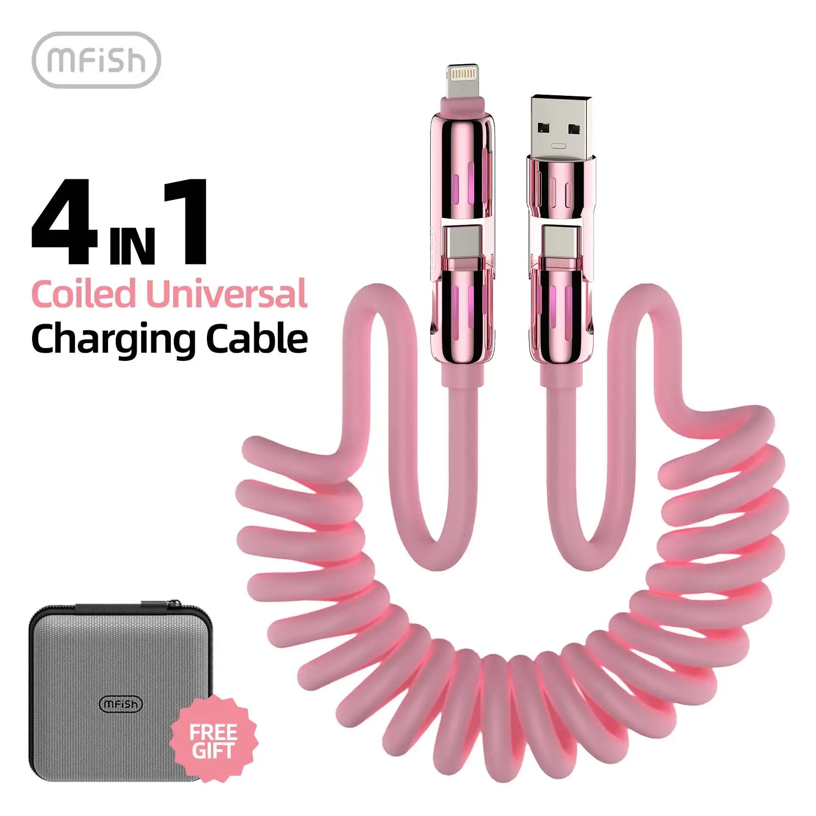 mfish Armored Dragon VIII 4-in-1 Coiled Universal USB Charger Cable ️-240W Fast Charging & Data Sync for iPhone 16/15, iPad Pro, Samsung Electronic