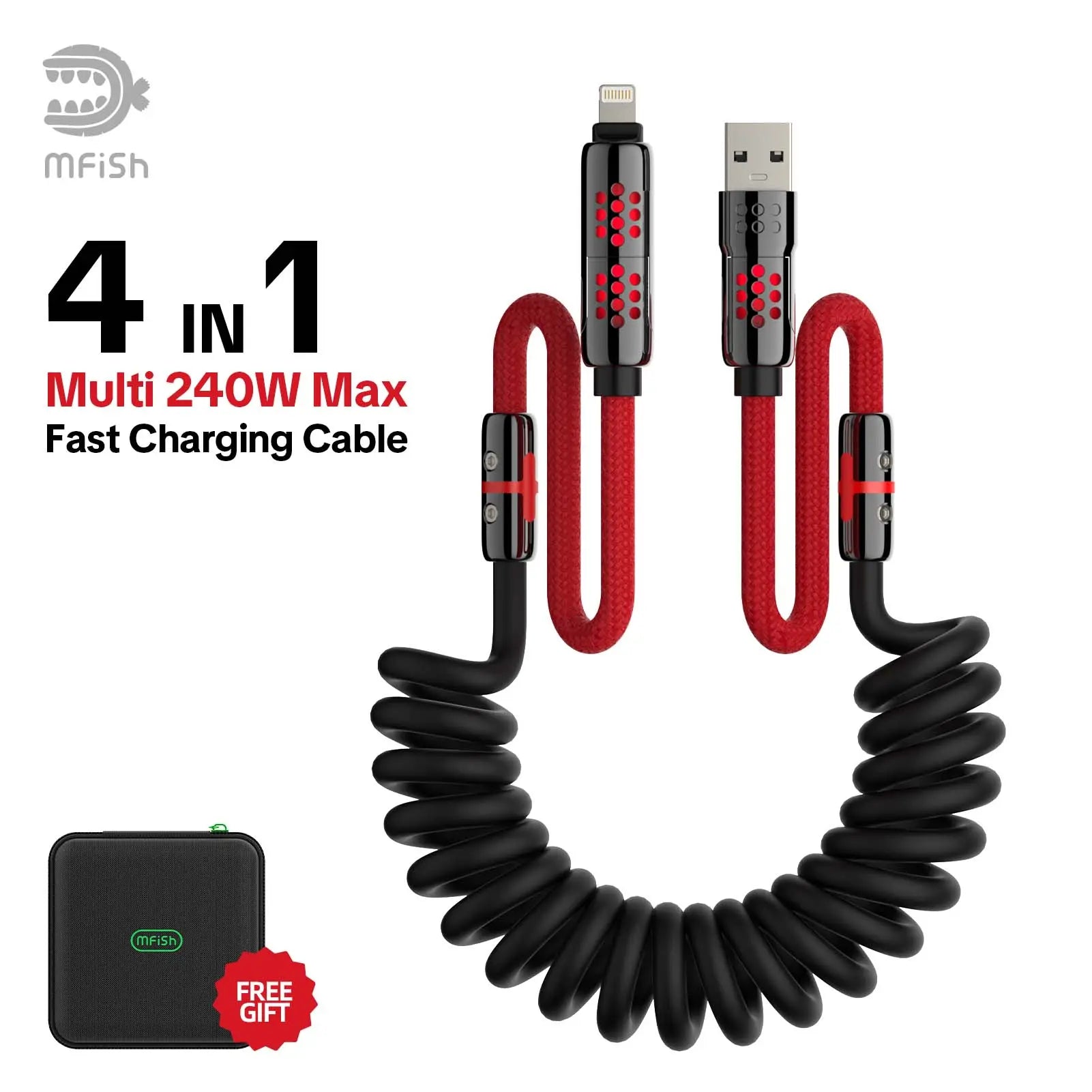 mfish Armored Dragon VIII 4-in-1 Coiled Universal USB Charger Cable ️-240W Fast Charging & Data Sync for iPhone 16/15, iPad Pro, Samsung Electronic