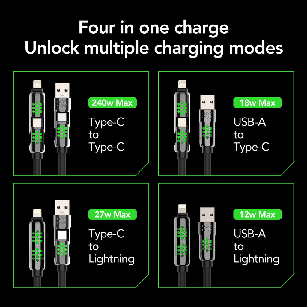 mfish Armored Dragon VIII 4-in-1 Coiled Universal USB Charger Cable ️-240W Fast Charging & Data Sync for iPhone 16/15, iPad Pro, Samsung Electronic
