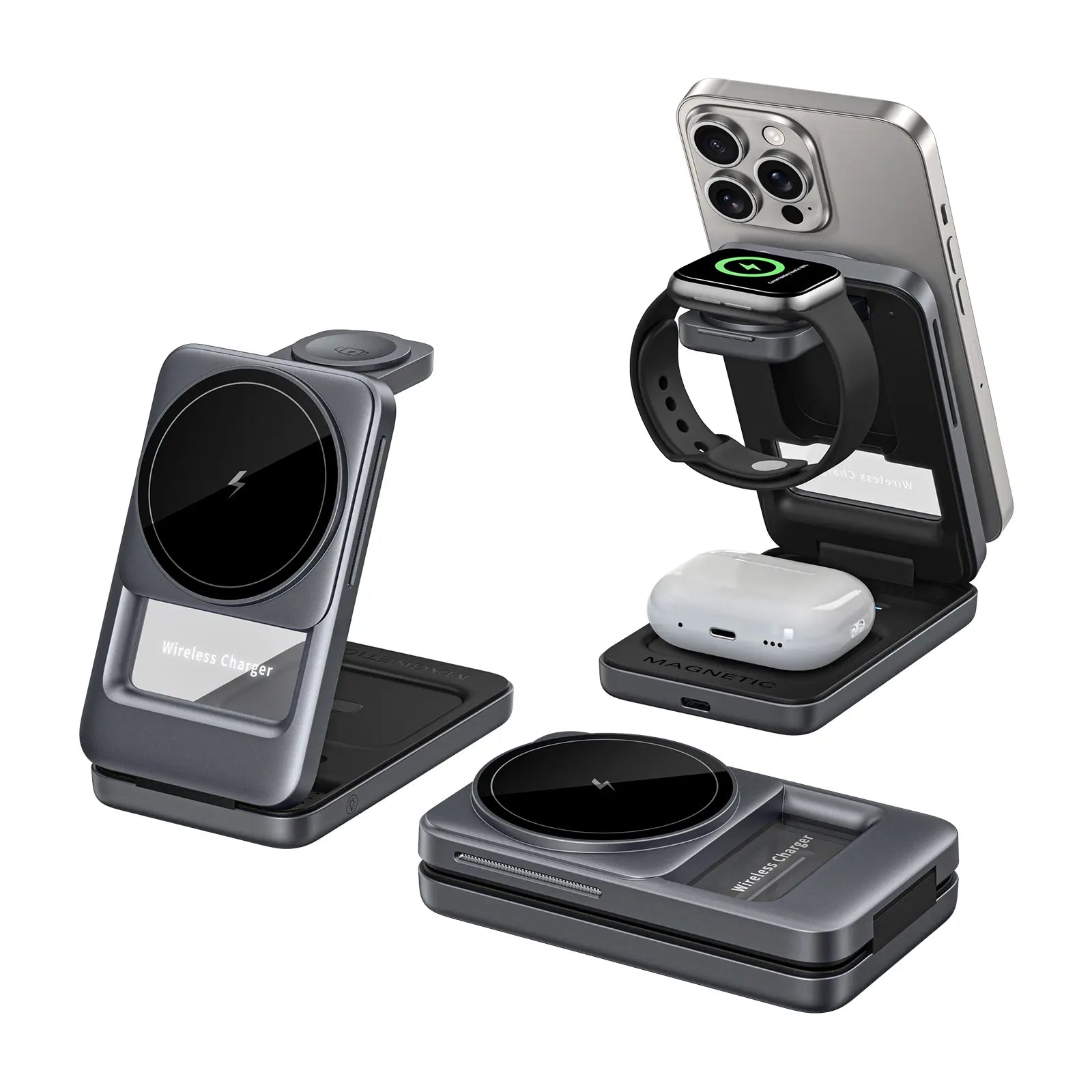 3 in 1 Magnetic Wireless Charging Station Mag-safe Charger Stand Magnetic Charger Dock 15W for iPhone 16 15 14 13 12 Series, For iwatch 3- 10 SE/Ultra, For Air 2-4 Pro, Space-saving, Exquisite Gift