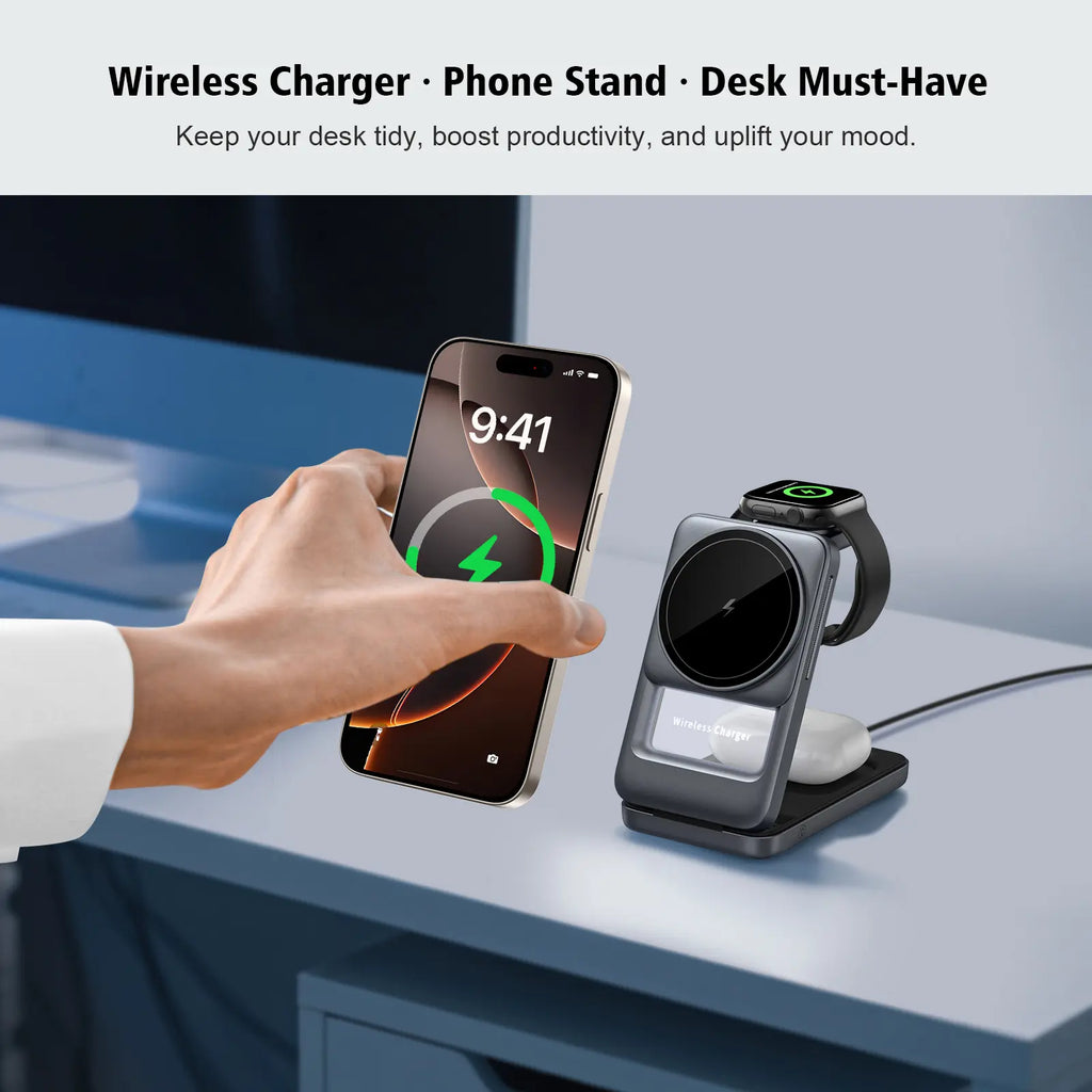 3 in 1 Magnetic Wireless Charging Station Mag-safe Charger Stand Magnetic Charger Dock 15W for iPhone 16 15 14 13 12 Series, For iwatch 3- 10 SE/Ultra, For Air 2-4 Pro, Space-saving, Exquisite Gift