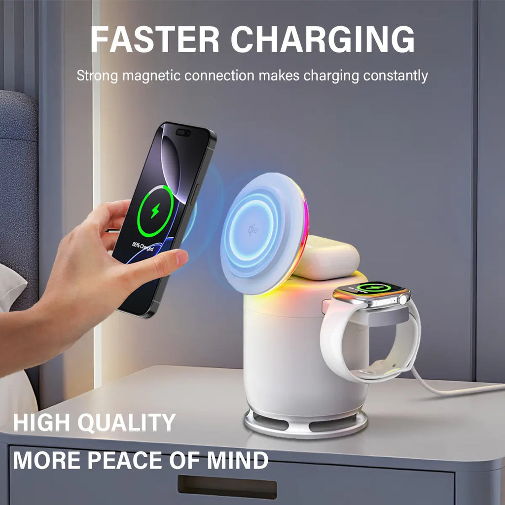 VAISEKE 3 in 1 Charging Station,Magnetic Wireless Charger with Light & Bluetooth Speaker for Apple MagSafe Charger Stand,Foldable Nightstand Charging Station for iPhone,Airpods,Watch