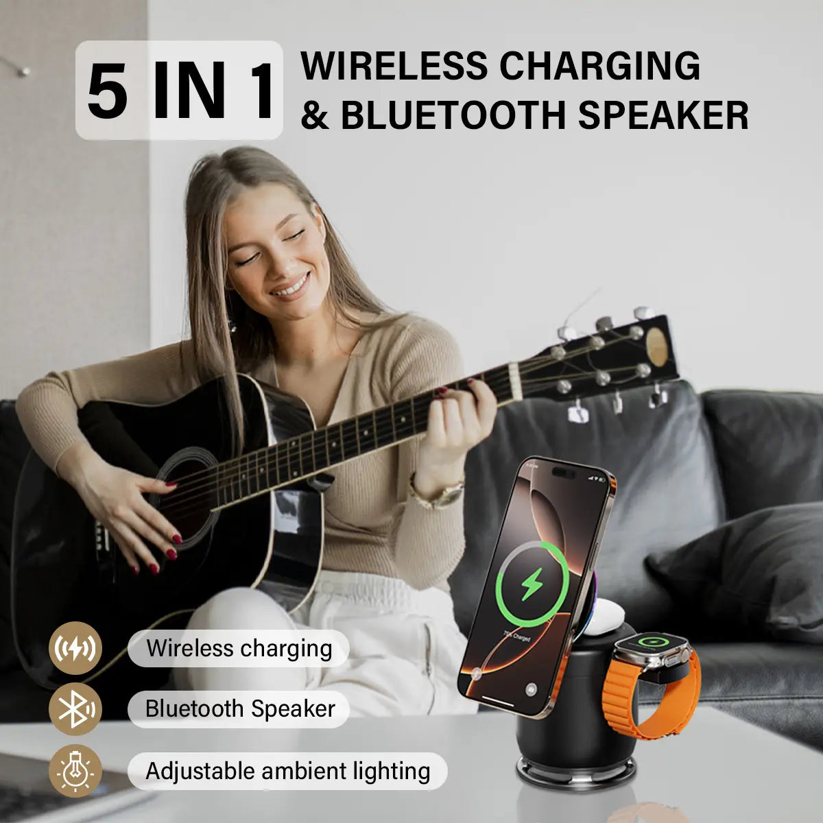 VAISEKE 3 in 1 Charging Station,Magnetic Wireless Charger with Light & Bluetooth Speaker for Apple MagSafe Charger Stand,Foldable Nightstand Charging Station for iPhone,Airpods,Watch