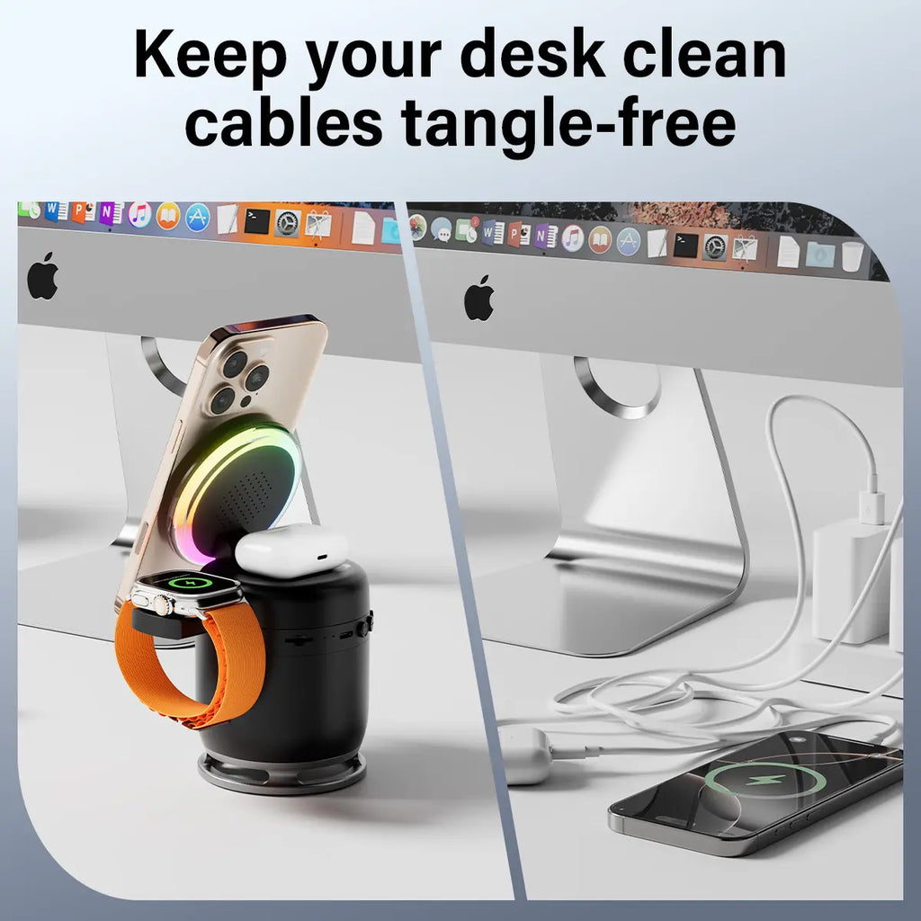 VAISEKE 3 in 1 Charging Station,Magnetic Wireless Charger with Light & Bluetooth Speaker for Apple MagSafe Charger Stand,Foldable Nightstand Charging Station for iPhone,Airpods,Watch