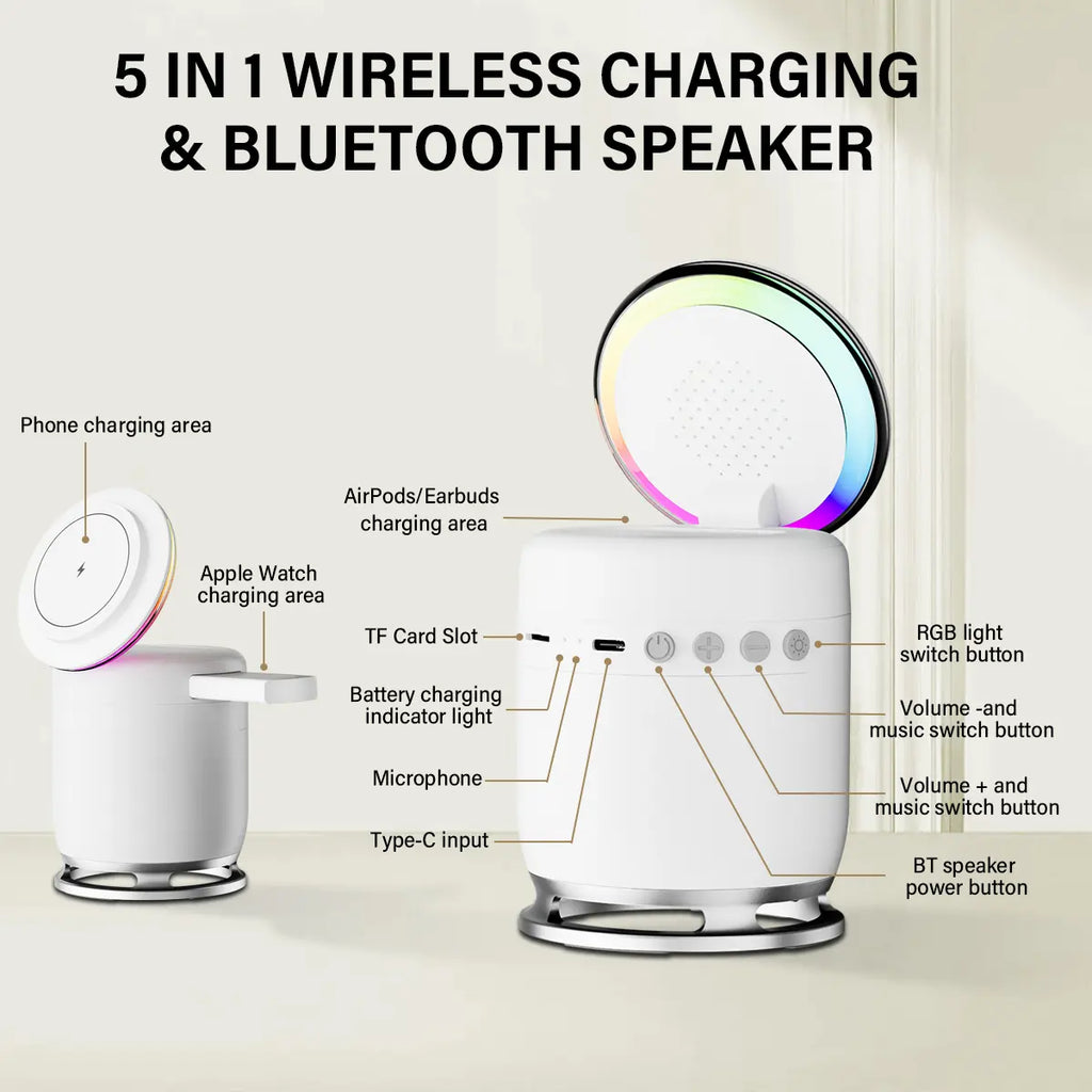 VAISEKE 3 in 1 Charging Station,Magnetic Wireless Charger with Light & Bluetooth Speaker for Apple MagSafe Charger Stand,Foldable Nightstand Charging Station for iPhone,Airpods,Watch