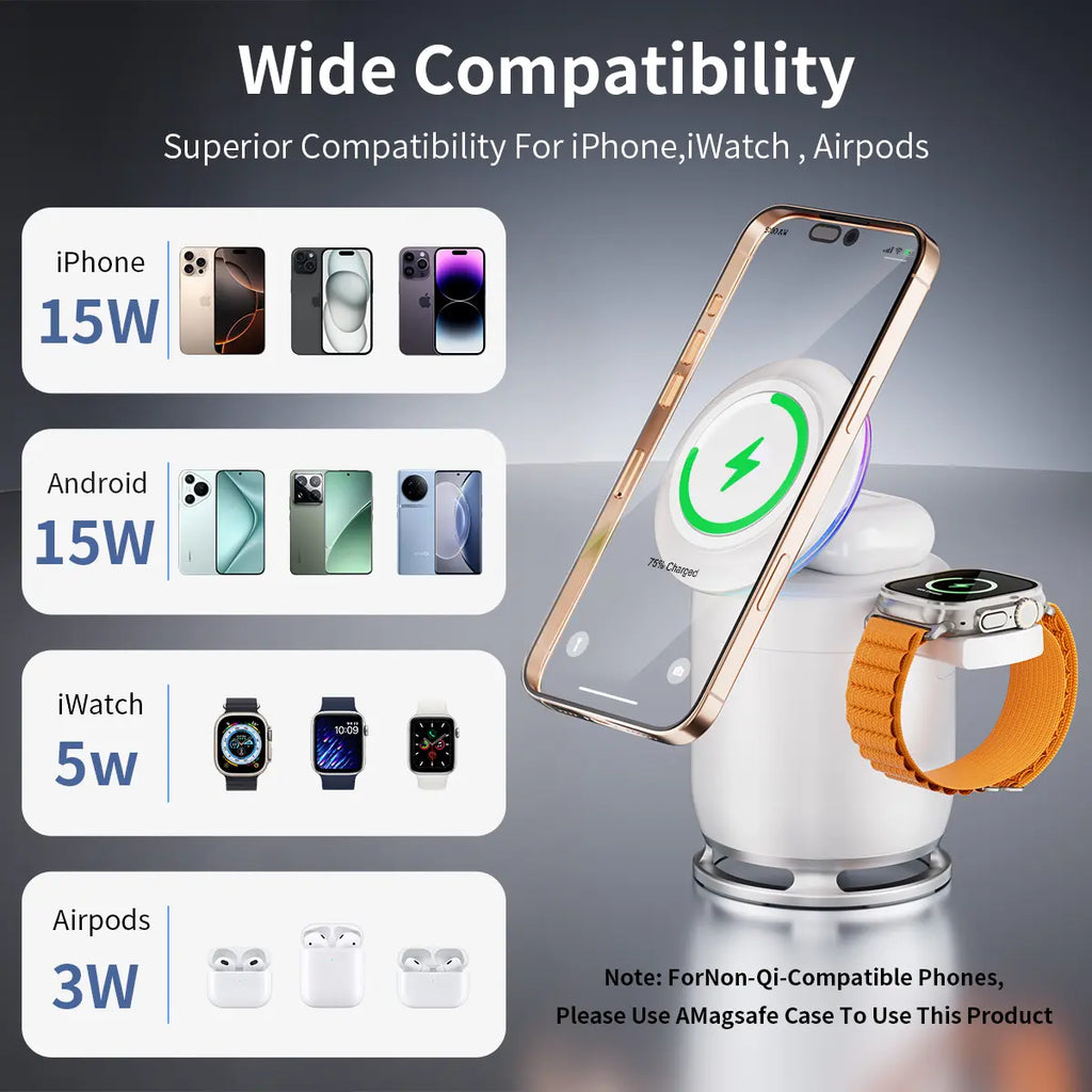VAISEKE 3 in 1 Charging Station,Magnetic Wireless Charger with Light & Bluetooth Speaker for Apple MagSafe Charger Stand,Foldable Nightstand Charging Station for iPhone,Airpods,Watch