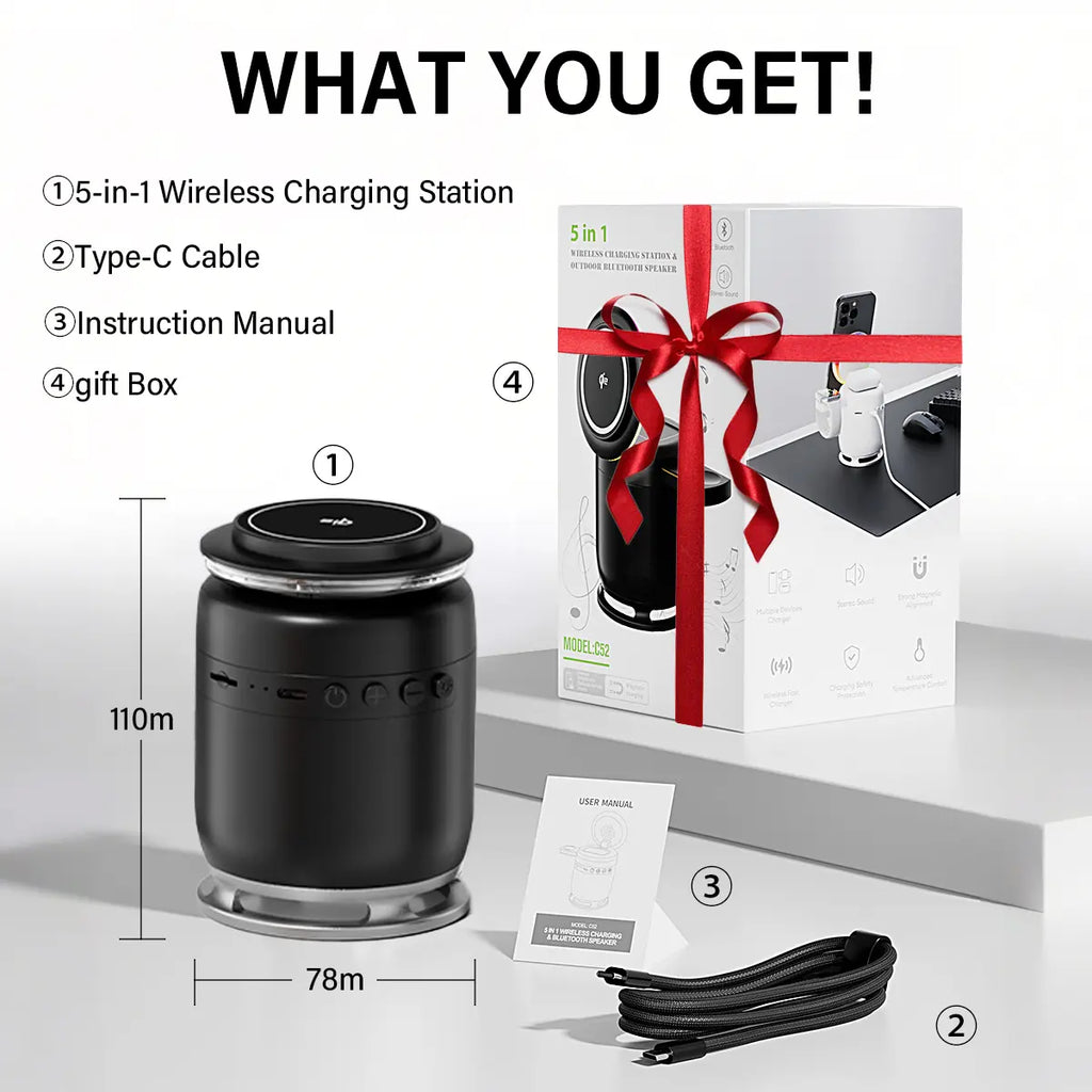 VAISEKE 3 in 1 Charging Station,Magnetic Wireless Charger with Light & Bluetooth Speaker for Apple MagSafe Charger Stand,Foldable Nightstand Charging Station for iPhone,Airpods,Watch