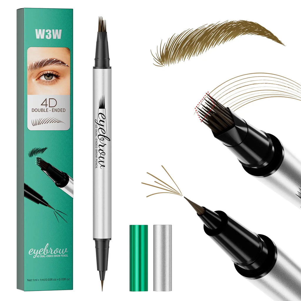 2-in-1 Dual Head 4D Eyebrow Pen with Micro Fork Tip & Fine Brush Tip, Waterproof Long Wear Brow Pencil for Hair Like Natural Strokes, Easy Brow Filling, Shaping & Blending for Beginners Soft Glam Look.