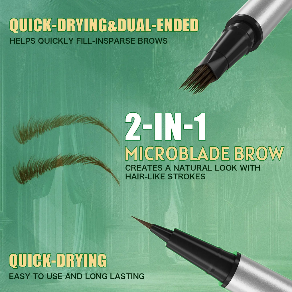 2-in-1 Dual Head 4D Eyebrow Pen with Micro Fork Tip & Fine Brush Tip, Waterproof Long Wear Brow Pencil for Hair Like Natural Strokes, Easy Brow Filling, Shaping & Blending for Beginners Soft Glam Look.