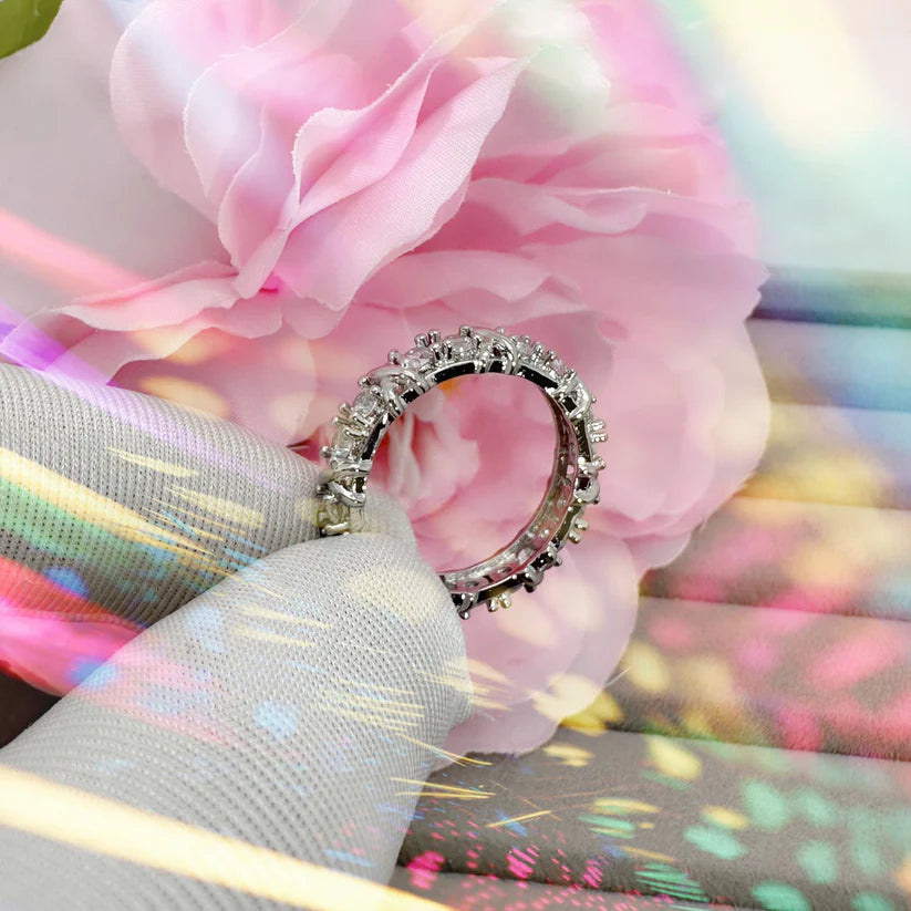 Sparkling Full Eternity Band Ring | 925 Silver Plated CZ Stackable Wedding Ring for Women