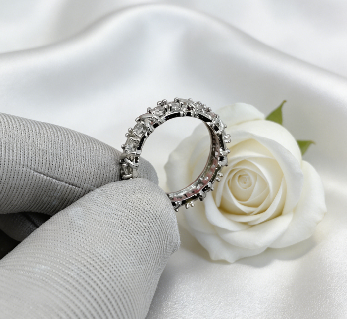 Sparkling Full Eternity Band Ring | 925 Silver Plated CZ Stackable Wedding Ring for Women